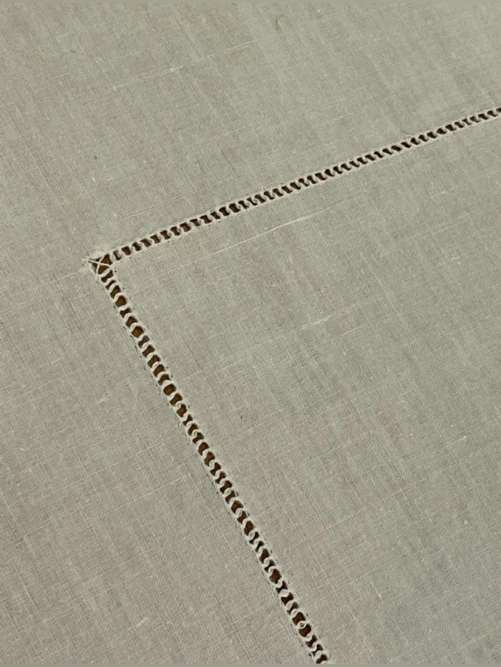 Vintage Handmade Ecru Linen Square Tablecloth with Hemstitch Accent